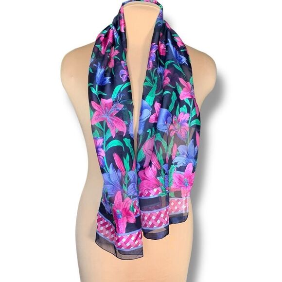 Berkshire Made in Italy Floral Scarf Sheer Bright Pink Purple Green Polyester - Picture 5 of 9